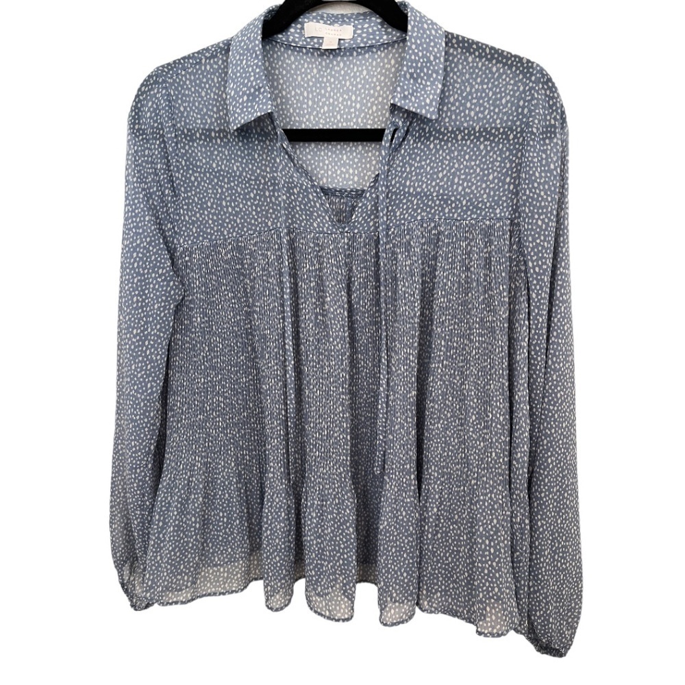 LC Lauren Conrad Sheer Blue White Pleated Long Sleeve BoHo Blouse Size Small